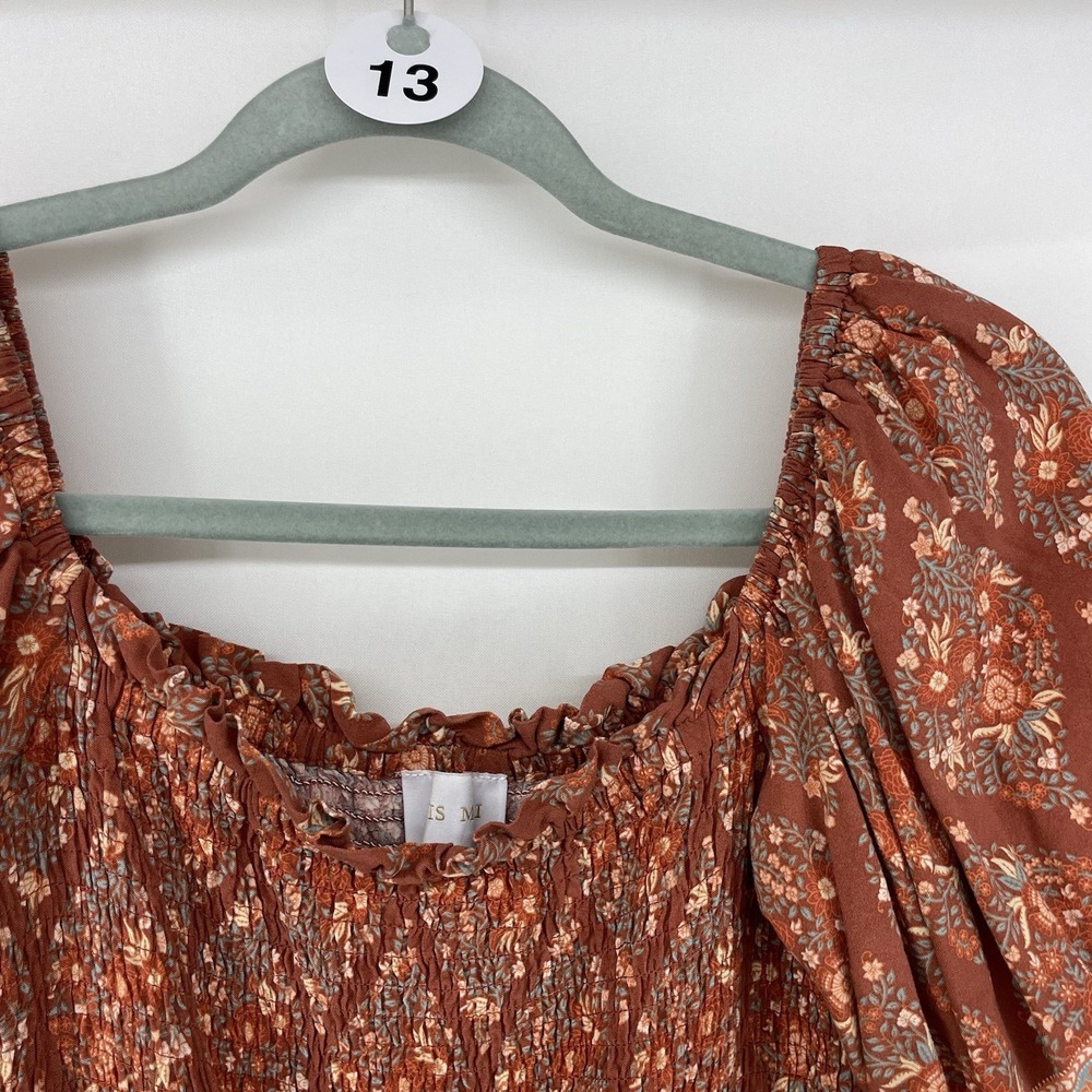 Iris Mi Size Small Smocked Mini Dress Rust Floral Boho Puff Sleeve Women - Picture 8 of 8